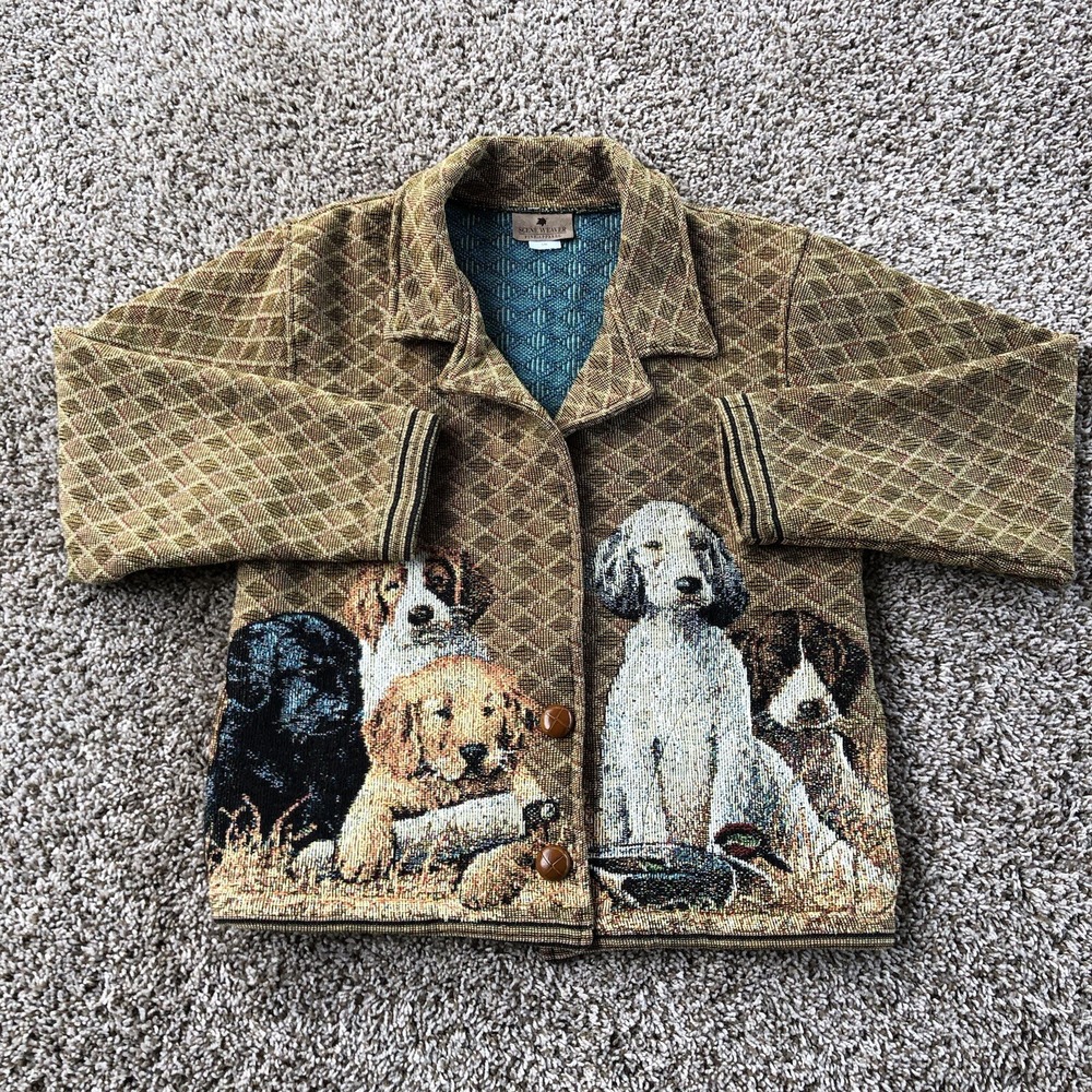 Vintage Scene Weaver Dog Tapestry Jacket Size S/M Brown Cotton Woven Made In USA